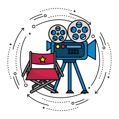 movie camera with reel scene and director seat, vector illustration