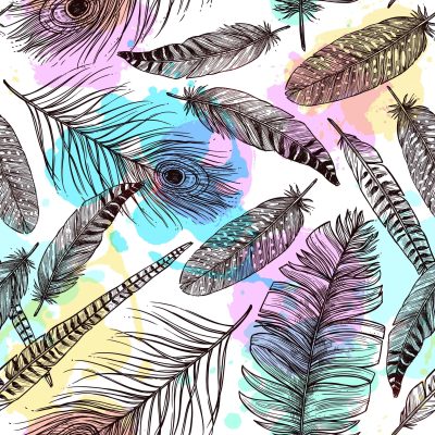 Hand drawn feathers seamless pattern with bird plumes and colorful painting stains vector illustration